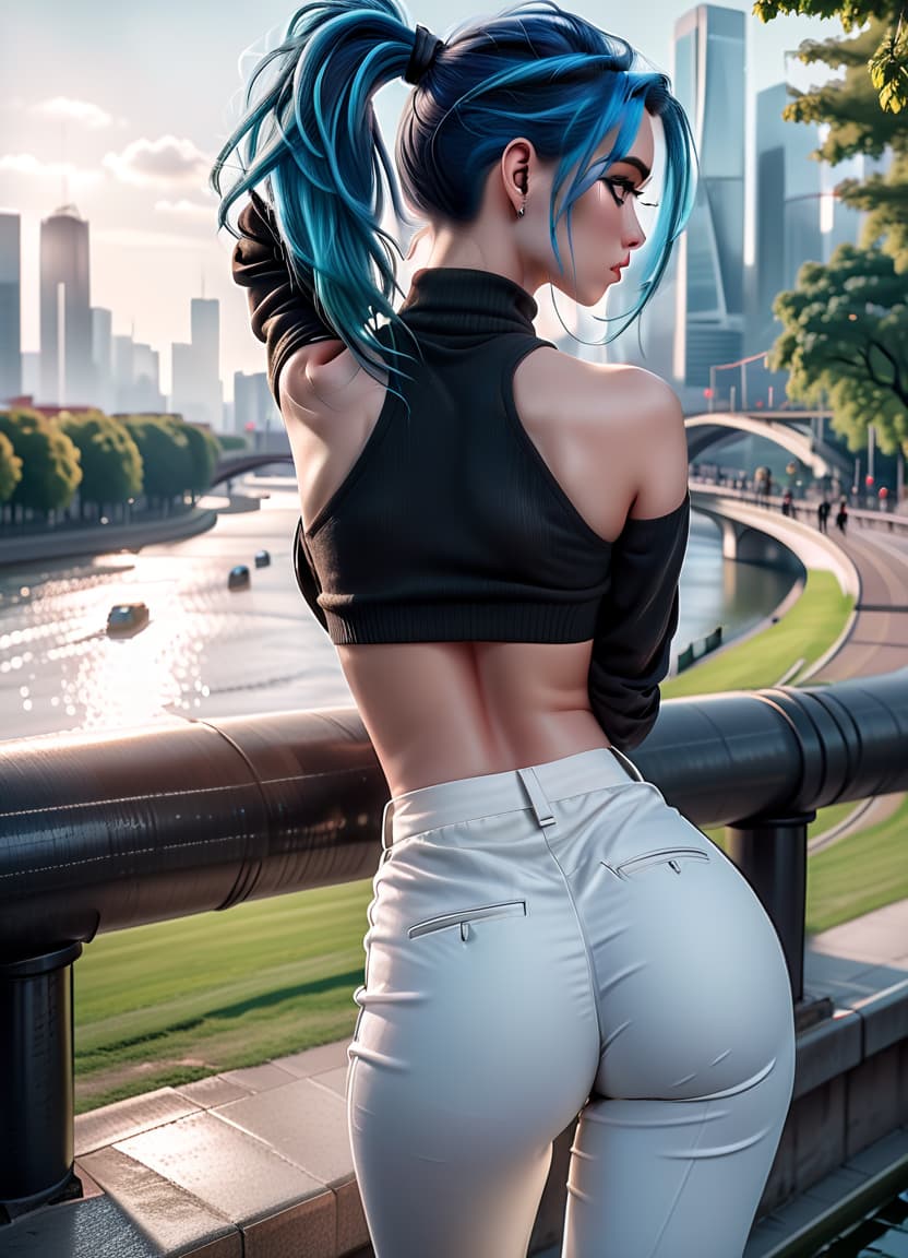  fashion editorial style a back view, a girl with blue hair gathered in a ponytail, gray eyes, a black wool top, white wide pants, a sports ass, a large bust, against the background of a city park with a river. . high fashion, trendy, stylish, editorial, magazine style, professional, highly detailed, perfecteyes, civitai, glowneon, hkmagic