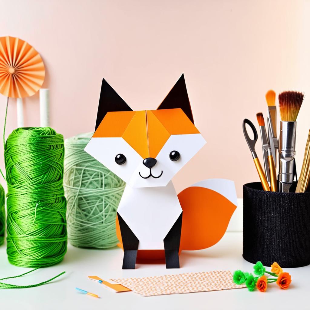  a charming craft space with a central figure of a geometric paper fox in white, orange, and black. surrounding the fox are various cylindrical containers wrapped in green thread or yarn, some holding tools like scissors or paintbrushes. decorative elements, including two paper fans and artificial flowers, add a touch of creativity and organization to the scene. it looks like a delightful and well organized craft area! {prompt}, maximum details