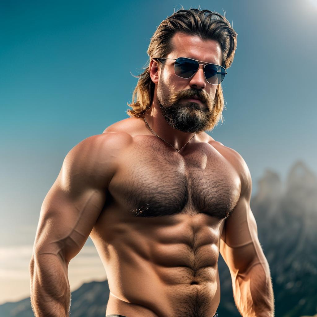  caucasian alpha male man, very strong, moustache, mullet hair, sunglasses hyperrealistic, full body, detailed clothing, highly detailed, cinematic lighting, stunningly beautiful, intricate, sharp focus, f/1. 8, 85mm, (centered image composition), (professionally color graded), ((bright soft diffused light)), volumetric fog, trending on instagram, trending on tumblr, HDR 4K, 8K