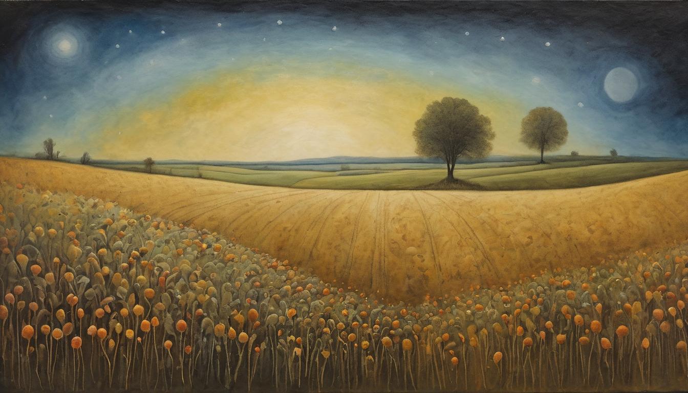  on parchment, surrealism++, fertile field under a twilight sky, seeds glowing with ethereal light, serene ambiance, sense of faith and growth(mysterious, provocative, symbolic)++