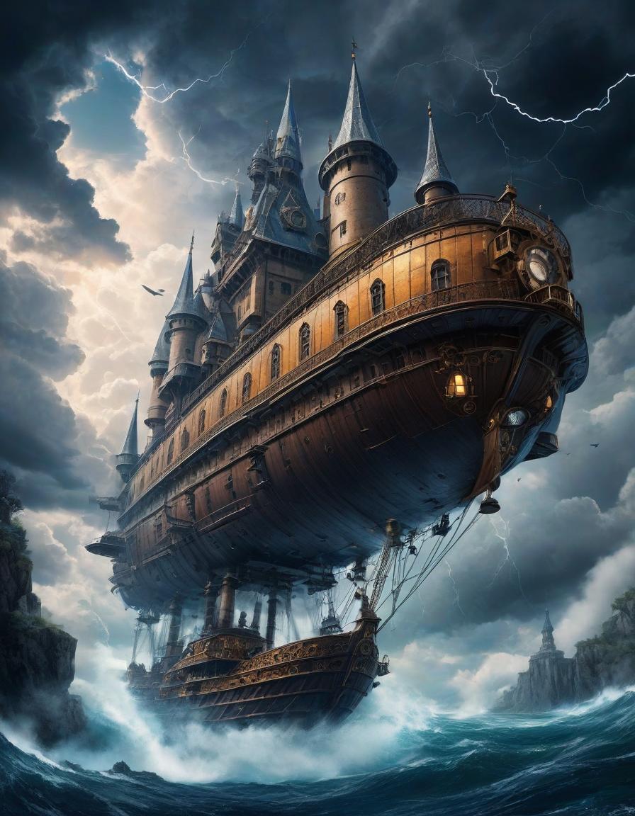  a flying steampunk ship, view from below, a gothic castle is built on the deck, wojtek sudmak style, surrealism, against the background of clouds and lightning, dramatic plot, fantasy, ultra detailed