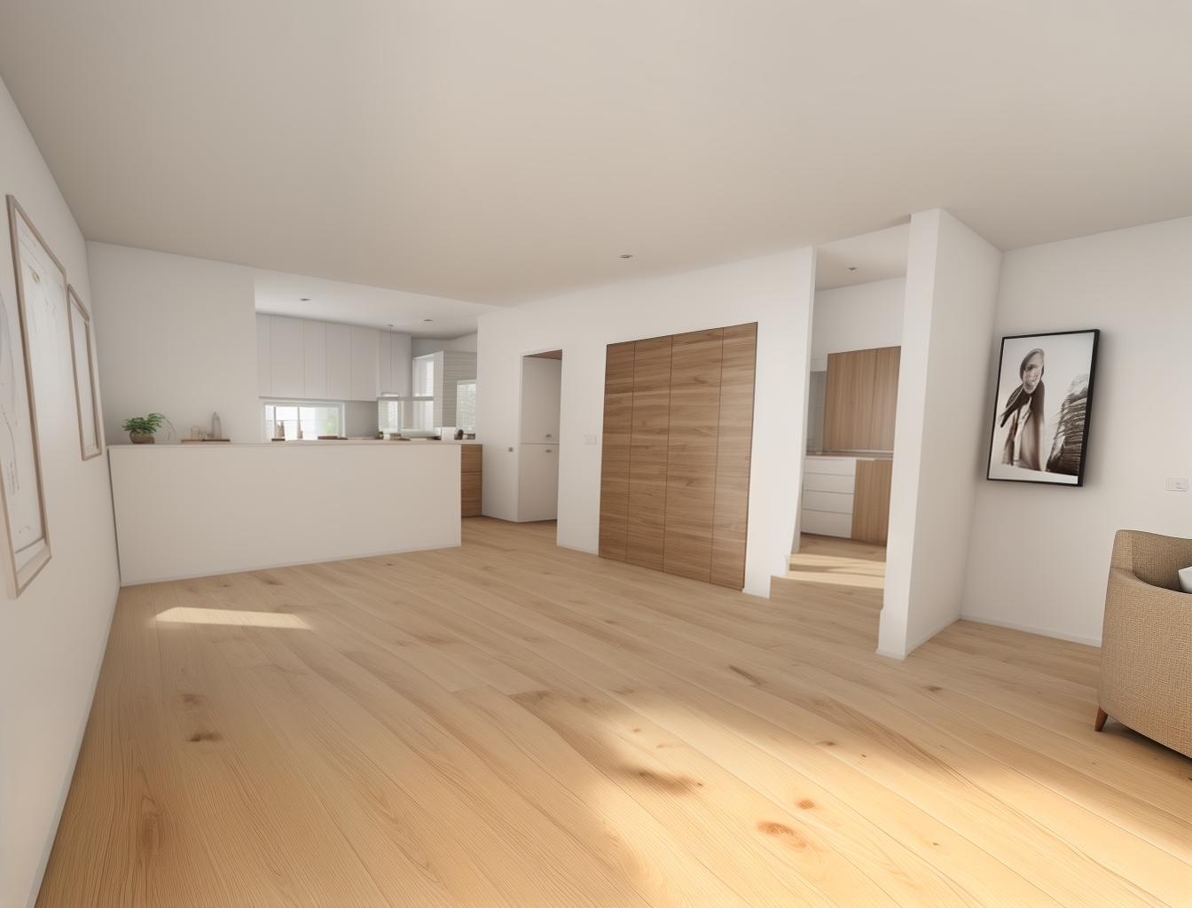  produce a photorealistic rendering of a minimalist living room with a wooden floor. the space should feature a simple, modern sofa as the focal point, with clean lines and neutral colors that complement the natural wood grain of the flooring.