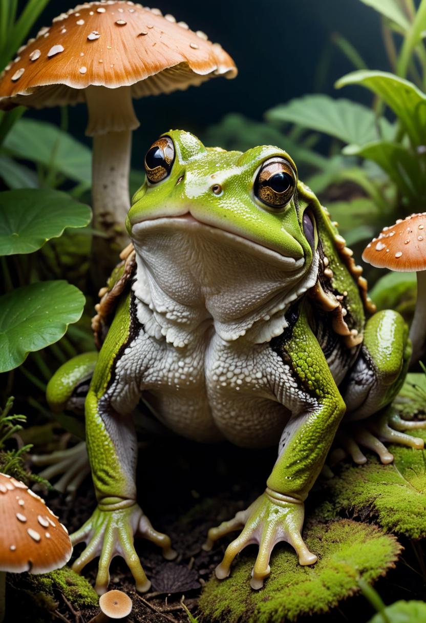  cinamatic lighting, high contrast, vivid, sharp, detailed, 8k, frog with mushrooms growing out of its back