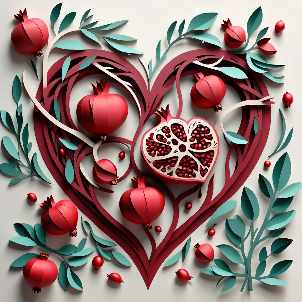  thick layered papercut art of heart of twigs and pomegranate grains . deep 3d, volumetric, dimensional, depth, thick paper, high stack, heavy texture, tangible layers