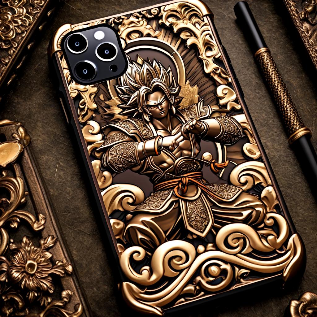  a very detailed and luxurious case for the iphone 15 plus, inspired by black myth: goku, in which sun goku holds a golden stick and strikes a dynamic battle pose