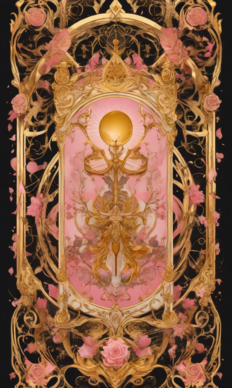  concept art pink, gold, black, white tarot . digital artwork, illustrative, painterly, matte painting, highly detailed, perfect hands