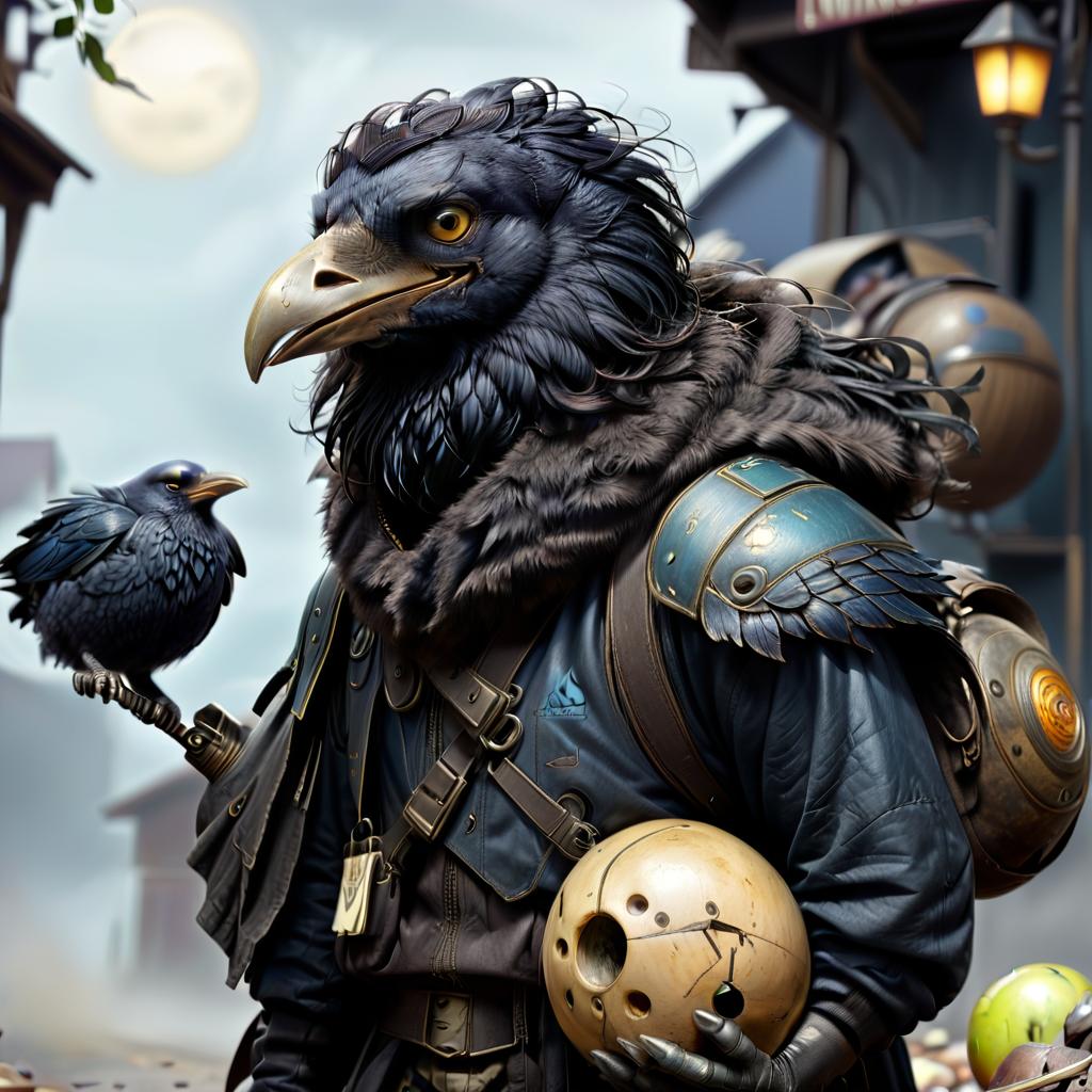  dystopian style black with blue tint avian humanoid race with raven head alchemist, cape, mischievous yellow eyes, smiling, rags and leather cloak with lots of pockets, big backpack with pockets, black bowling ball in hand . bleak, post apocalyptic, somber, dramatic, highly detailed, civitai