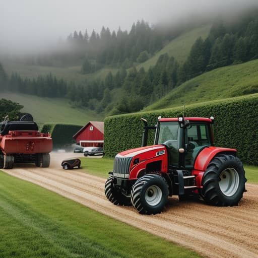  toy cars and tractors are playing in the village hyperrealistic, full body, detailed clothing, highly detailed, cinematic lighting, stunningly beautiful, intricate, sharp focus, f/1. 8, 85mm, (centered image composition), (professionally color graded), ((bright soft diffused light)), volumetric fog, trending on instagram, trending on tumblr, HDR 4K, 8K