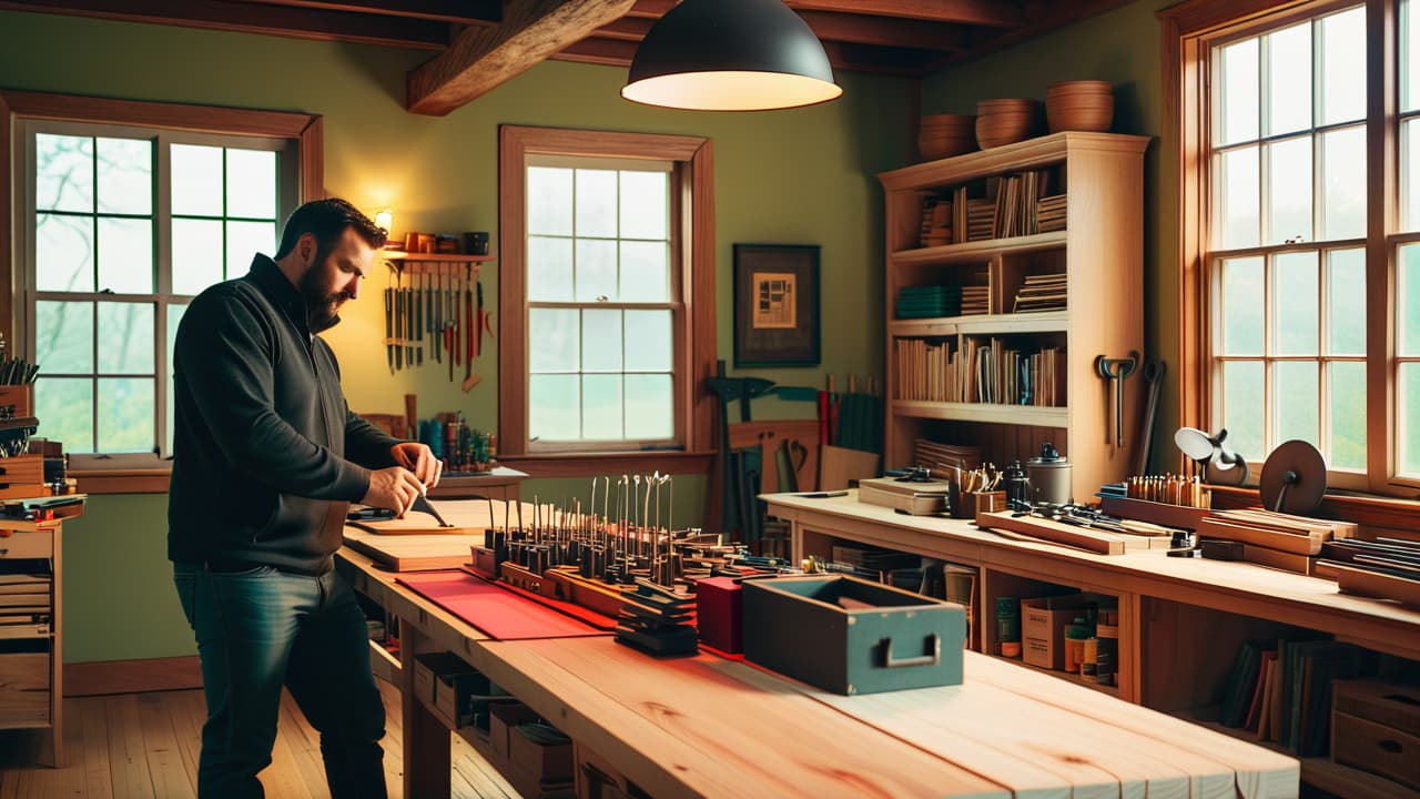  a vibrant workshop scene featuring a skilled woodworker crafting elegant furniture pieces, surrounded by various woodworking tools, stacks of hardwood, and finished projects like cutting boards and custom shelves, all illuminated by warm, natural light. hyperrealistic, full body, detailed clothing, highly detailed, cinematic lighting, stunningly beautiful, intricate, sharp focus, f/1. 8, 85mm, (centered image composition), (professionally color graded), ((bright soft diffused light)), volumetric fog, trending on instagram, trending on tumblr, HDR 4K, 8K