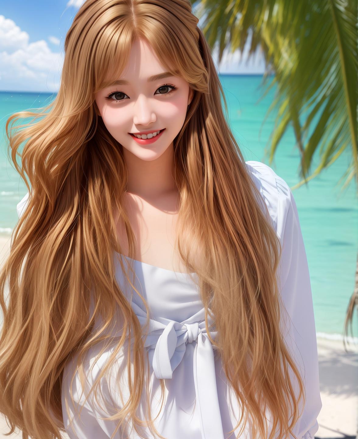  masterpiece, best quality, (female:1.0),solo,waitress,light smile,(medium hair:1.2),blonde hair,(brown hair:0.9),felly naked,(look at viewer:1.3),sun,on the beach, photorealistic.