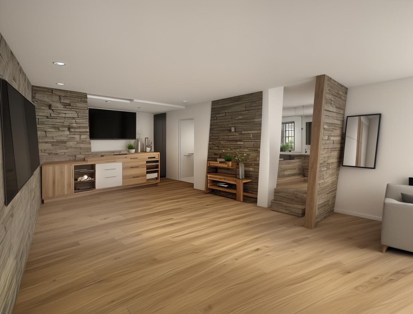  generate a photorealistic rendering of a modern living room with a combination of wooden floors and a stone accent wall. include sleek, contemporary furniture to contrast with the natural materials, creating a sophisticated yet comfortable atmosphere.