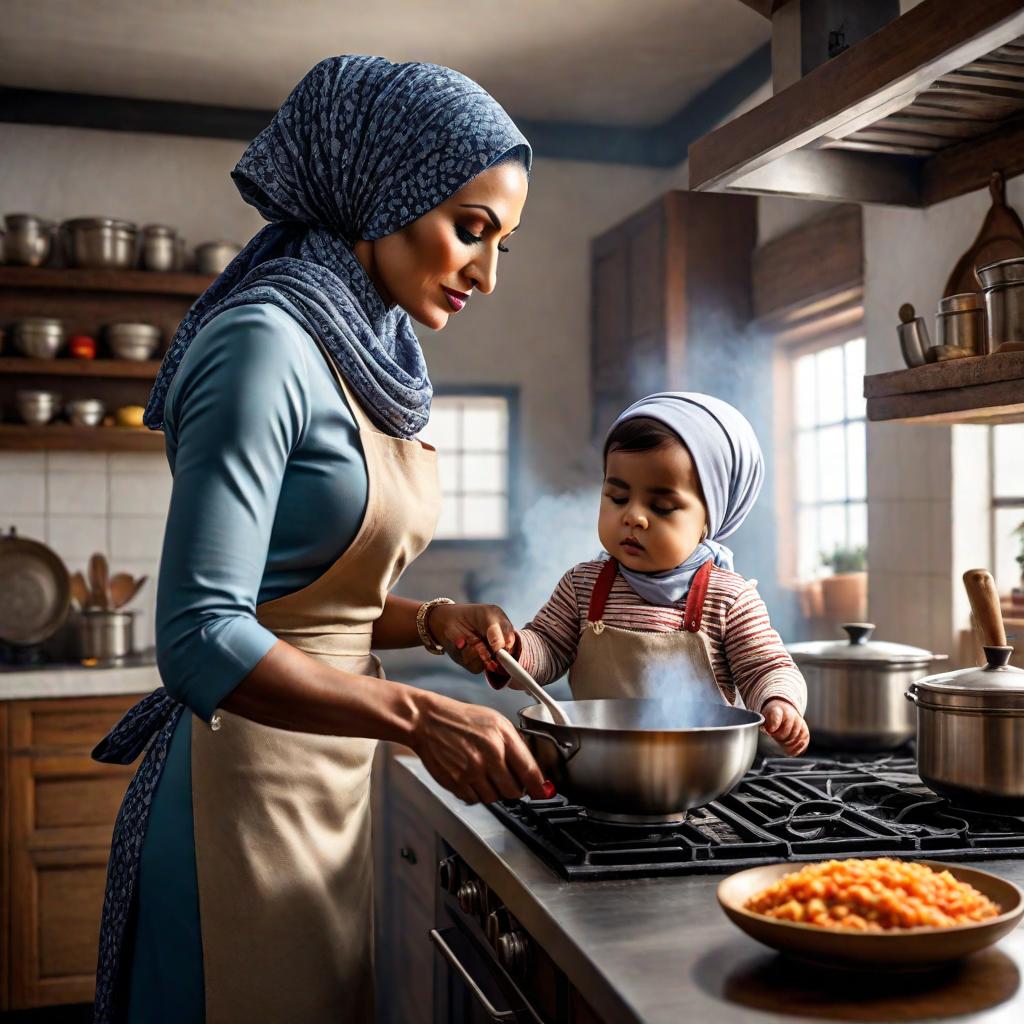  a woman in a headscarf is cooking in the kitchen with her child hyperrealistic, full body, detailed clothing, highly detailed, cinematic lighting, stunningly beautiful, intricate, sharp focus, f/1. 8, 85mm, (centered image composition), (professionally color graded), ((bright soft diffused light)), volumetric fog, trending on instagram, trending on tumblr, HDR 4K, 8K