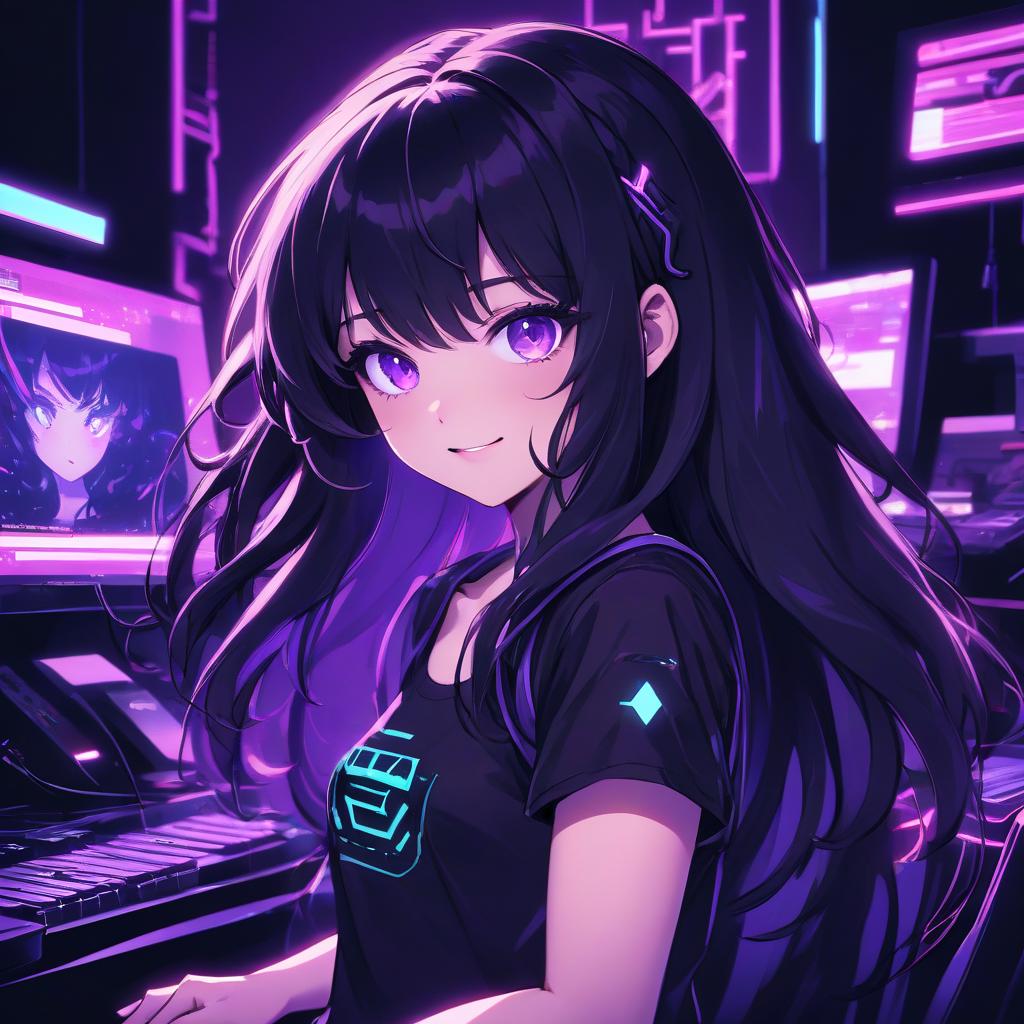  anime artwork a girl with long black hair and purple eyes, ( ( ( synthwave ) ) ), beautiful kawaii lighting, my computer icon, dark short curly hair smiling, ultra phonk, stream, on, kami, ( ( ( in a dark, glowy . anime style, key visual, vibrant, studio anime, highly detailed