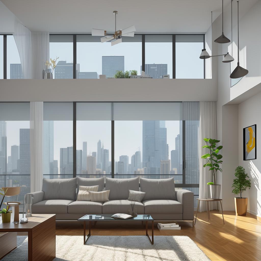  masterpiece, best quality, Best Quality, Masterpiece, 8k resolution,high resolution concept art of an apartment living room with floor to ceiling windows and modern furniture