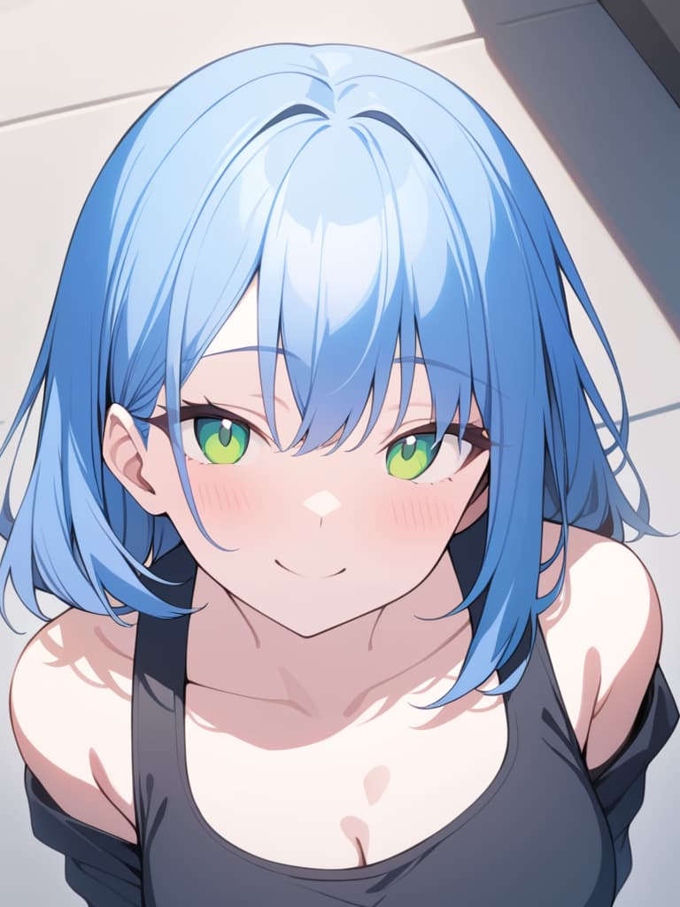  (wide bank: 1.4), (high angle: 1.1), (close up: 1.3), best quality, blue hair, from front, ultra detailed, bob, masterpiece, green eyes, smile, black t shirt,