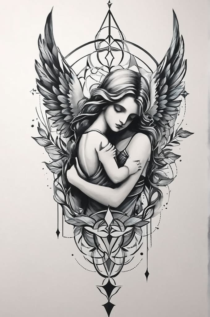  angel with child in the arms with geometic background , (tattoo sketch:1.25), drawing