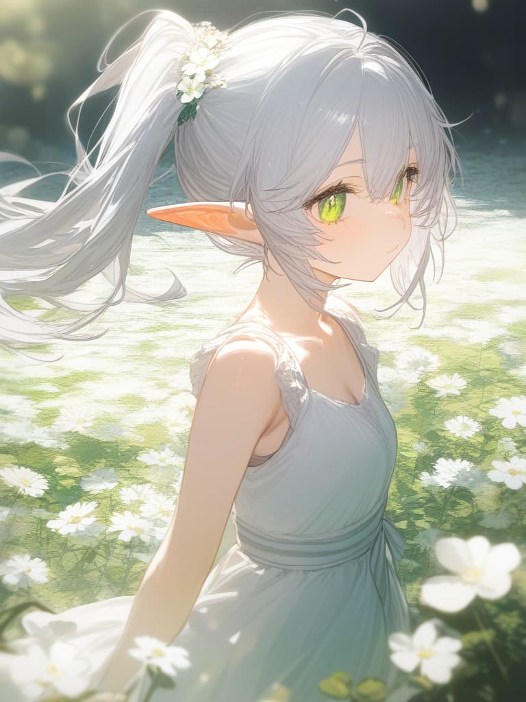  harajin, white hair, green eyes, clover's eyes in the center of the eyes, elf ears, cute, small girls, ponytails, white flower fields, masterpiece, best quality,8k,ultra detailed,high resolution,an extremely delicate and beautiful,hyper detail