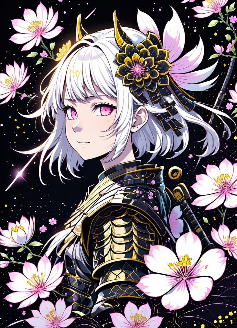  a humorous illustration. bright colors, cartoon style. on the black background, shiny contours outlines of silhouette of a japanese samurai girl in samurai armor, made of japanese sacura flower, (white color japanese sacura flower:1.4), frame with intricate thin ornamentation from comet, stars and cosmic dust: (thin: 1,4) lines ,