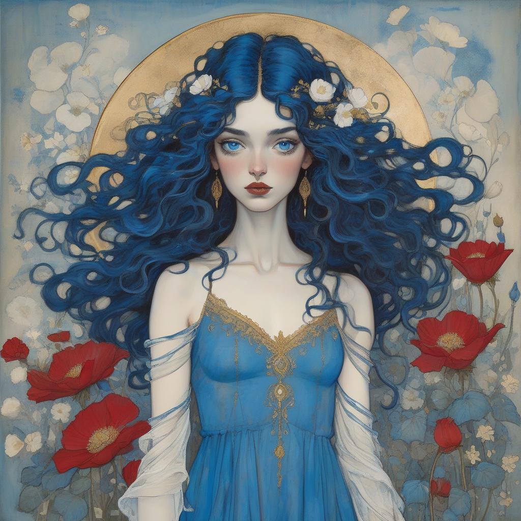  grunge style a painting of a woman with flowing curly hair, bright blue eyes, and red lips, wearing a blue dress with gold accents, surrounded by white flowers. painting by arthur rackham and egon schiele depicting a fair skinned goddess, striking blue eyes, long wavy black hair, blue and white anemones, deep blue morning glories, crimson poppies, cream and peach toned roses, filigree, ornamental metallic gold details, hidden ears, no visible jewelry, delicate freckles, subtle golden highlights, soft pink lips, ethereal beauty, golden embellishments, cosmic motifs, crescent moon, stars, art nouveau style, iridescent hummingbirds, silken garment, blue and muted gold hues, luxurious, dreamy atmosphere. . textured, distressed, vintage, edgy, 