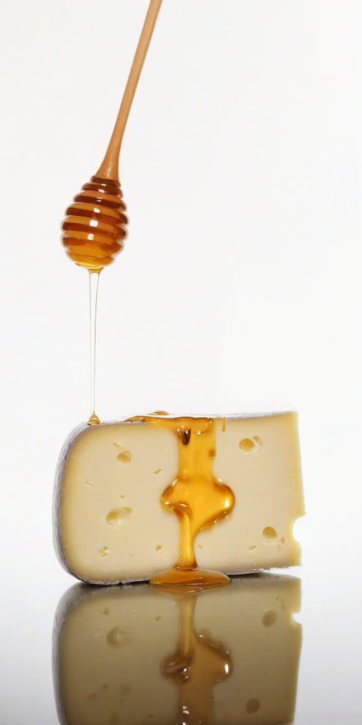  cheese watered with honey, a beautiful reflection from honey and cheese, a light background, film photography style