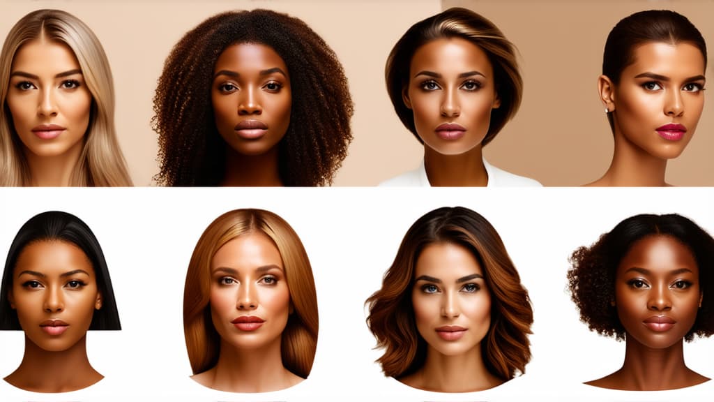  different beauty. set of different female heads of different ages on a light background. ar 16:9, (natural skin texture), highly detailed face, depth of field, hyperrealism, soft light, muted colors