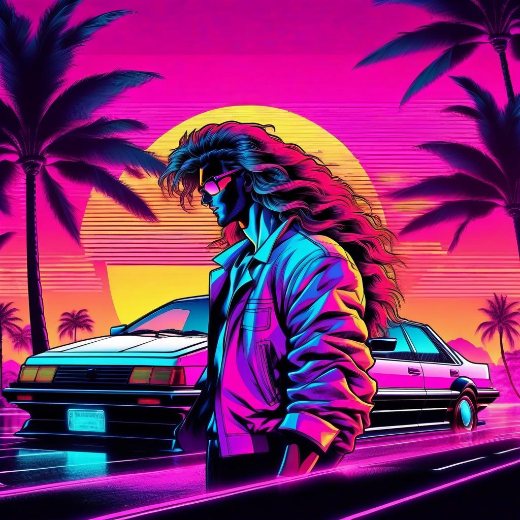  manga style retrowave man with long hair in next to the car, retrowave road, retrowave sun, retrowave palm tree, retrowave billboard . vibrant, high energy, detailed, iconic, japanese comic style