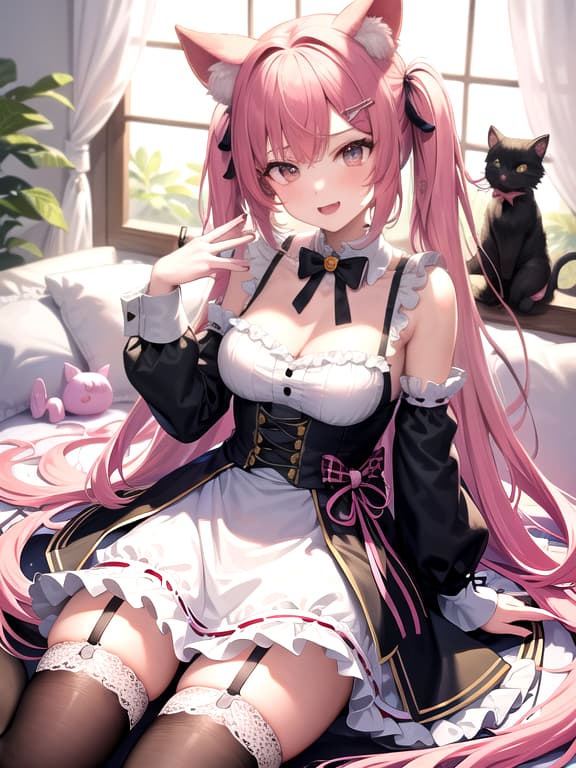  master piece, best quality, ultra detailed, highres, 4k.8k, cute girl with cat ears, striking a cute pose with a big ribbon, innocently happy, break cute girl in frilly dress, wonderland themed room, playing cards, garter belt, lace, and pastel colored decorations, break whimsical and enchanting, chibi style illustration with a kawaii aesthetic, cyberpunkai