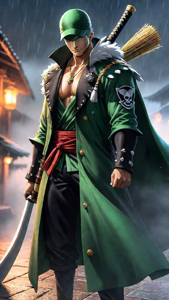  an anime art depicting zoro from one piece facing the ominous sandai kitetsu, shrouded in a mysterious curse. hyperrealistic, full body, detailed clothing, highly detailed, cinematic lighting, stunningly beautiful, intricate, sharp focus, f/1. 8, 85mm, (centered image composition), (professionally color graded), ((bright soft diffused light)), volumetric fog, trending on instagram, trending on tumblr, HDR 4K, 8K