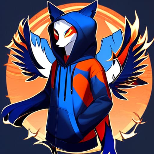  design a hoodie. the design for the entire area of the hoodie. the front depicts a fox that has wings. a fox of fire color. dark wings. the background combination of deep blue and cream colors. there is a logo in the form of the sun