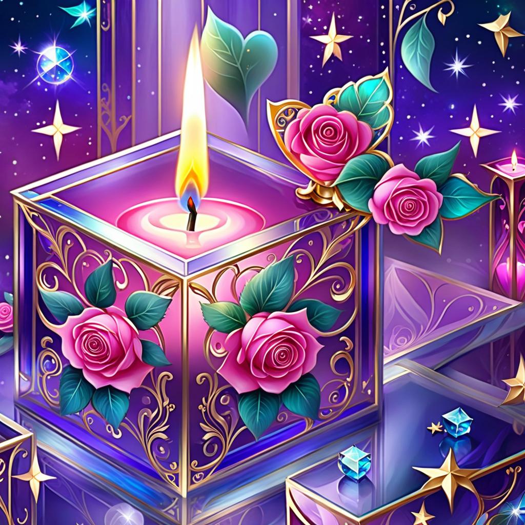  ethereal fantasy concept art of (background):colour:violet blue. (background decoration):silver frames in the shape of hearts and gold fancy stars. (centre):glass square pink candlestick and lighter decorated with fancy roses. (rose colour):pink, dark pink, with cream border. (leaf colour):dark green, green blue, light green. (style):fantasy, fantasy art design, jewellery, interior. . magnificent, celestial, ethereal, painterly, epic, majestic, magical, fantasy art, cover art, dreamy