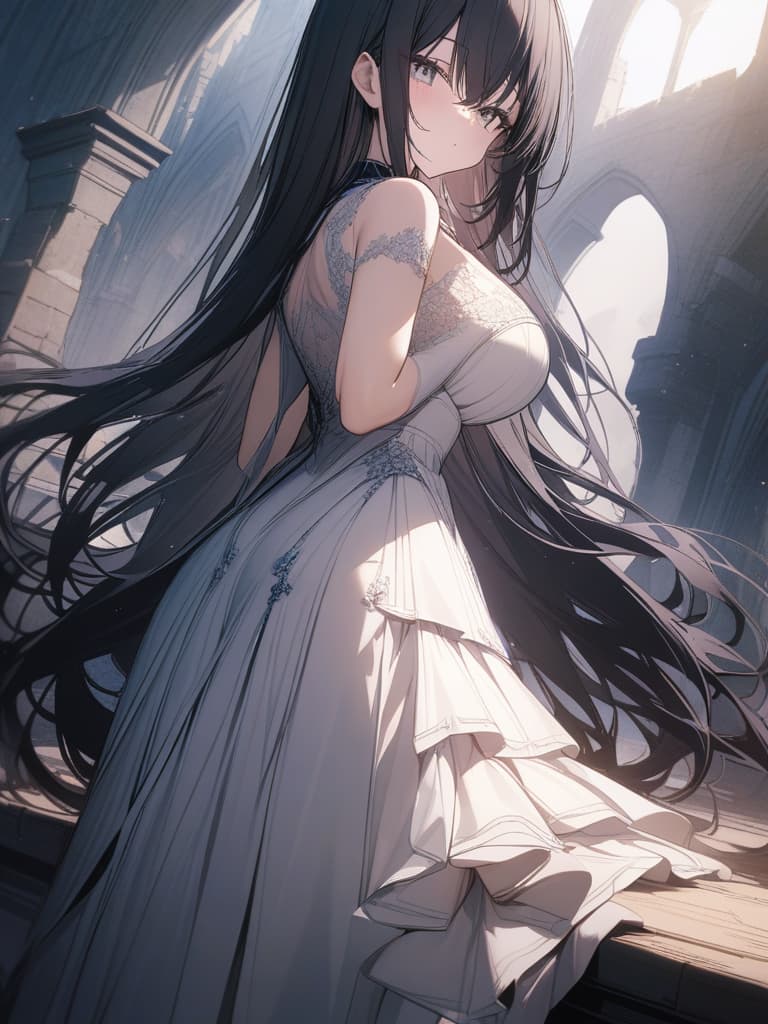  castle, big breast, dress with red jewel, black pin heel, white eyes, black hair, super long long hair, masterpiece, best quality,8k,ultra detailed,high resolution,an extremely delicate and beautiful,hyper detail