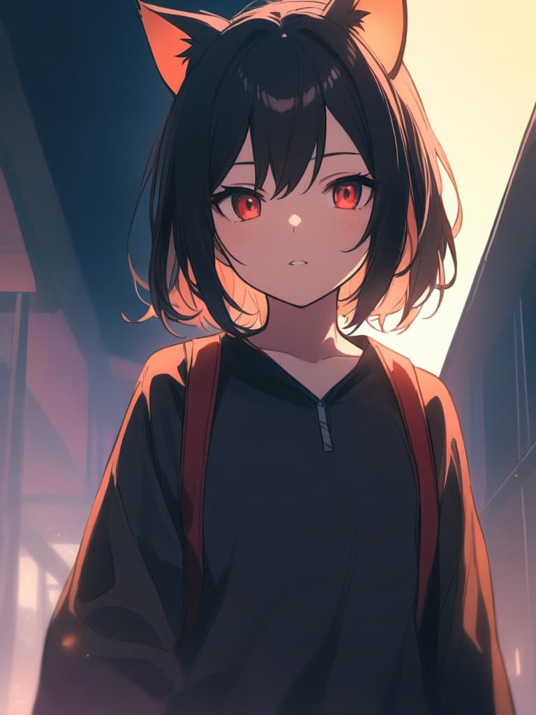  fox ears, one girl, black hair, short hair, red eyes, solo