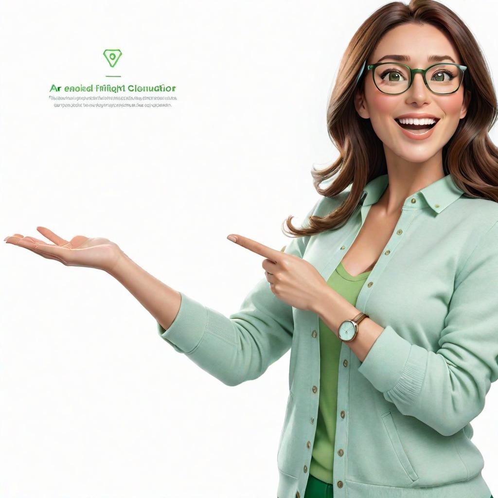  generate images of a very happy woman, wearing green clothes, with her hand facing up as if she were holding some object, she wears glasses and has brown hair pixar cartoon v 4 ar 16:9 hyperrealistic, full body, detailed clothing, highly detailed, cinematic lighting, stunningly beautiful, intricate, sharp focus, f/1. 8, 85mm, (centered image composition), (professionally color graded), ((bright soft diffused light)), volumetric fog, trending on instagram, trending on tumblr, HDR 4K, 8K