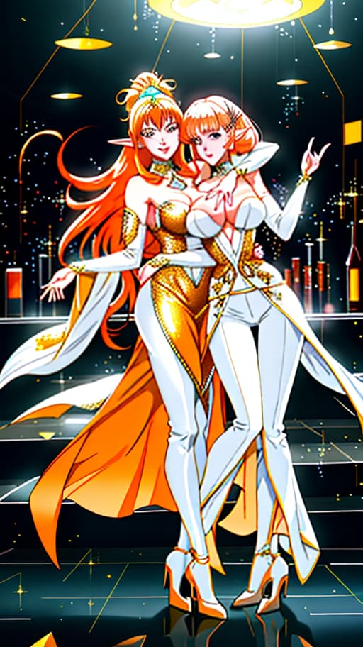  disco ball, disco, neon, orange hair, one elves with cats, in a white suit, on heels, in orange bells, white pants, black t shirts, dance floors, white heels, manga big eyes expressive faces colorful hair hayao miyazaki masashi kishimoto makoto shinkai clamp yoshiyuki sadamoto hyperrealistic, full body, detailed clothing, highly detailed, cinematic lighting, stunningly beautiful, intricate, sharp focus, f/1. 8, 85mm, (centered image composition), (professionally color graded), ((bright soft diffused light)), volumetric fog, trending on instagram, trending on tumblr, HDR 4K, 8K