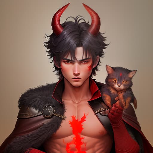  tifling, half demon, half human. he is hot, handsome and beautiful, height 203, 21 years, red skin, charcoal hair, small horns, scarlet eyes, leather armor clothes and a sorcerer's cape., cute , furry , expressive , by seth casteel , carli davidson , rachael hale mckenna, kaylee greer, sophie gamand