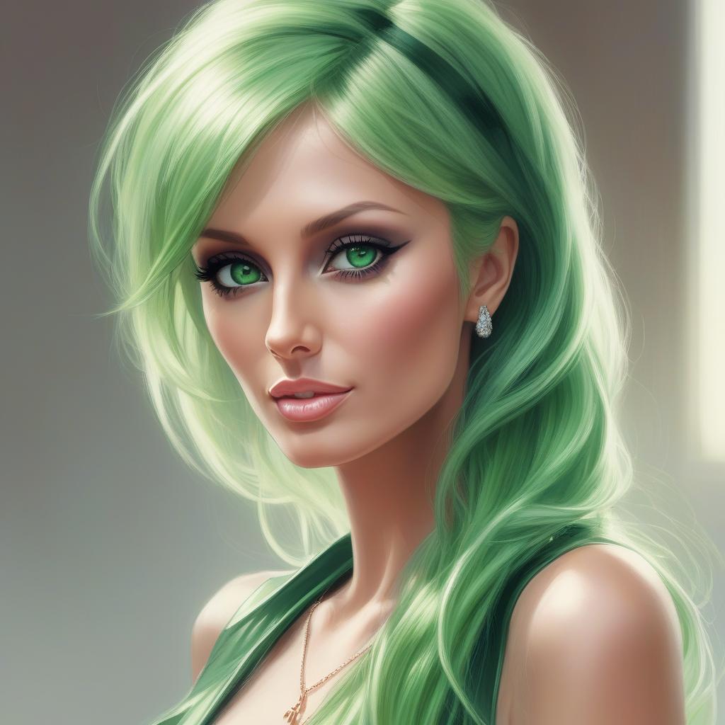  a woman portrait in midjourney <mymodel> style, ... paris hilton green hair