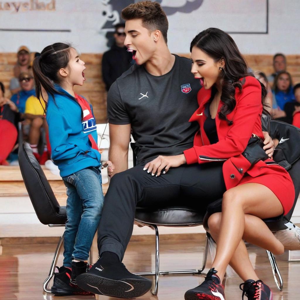  a athletic guy siting in a chair having his shoes licked by a girl. guy has shoes, girl licks shoe with tounge