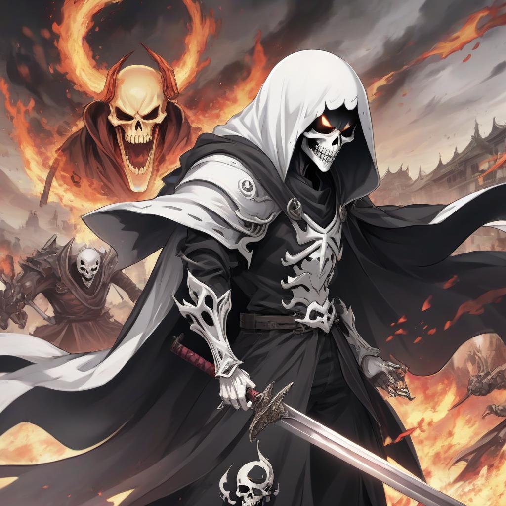  close up of a man with a sword, ainz oal dress, white man in a black cloth mask, evil energy, man in a white t shirt, demon samurai warrior, jormungand anime, monstrous mask, wearing a cloak on a scorched plain, ghost rider, black and white anime picture, in a white suit