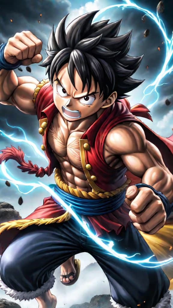  anime art: luffy unlocking gear 6, rivaling yonko with god like haki and devil fruit powers. hyperrealistic, full body, detailed clothing, highly detailed, cinematic lighting, stunningly beautiful, intricate, sharp focus, f/1. 8, 85mm, (centered image composition), (professionally color graded), ((bright soft diffused light)), volumetric fog, trending on instagram, trending on tumblr, HDR 4K, 8K