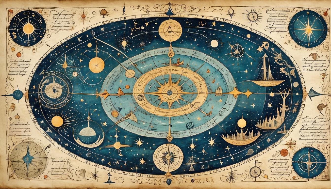  on parchment, surrealism+++, celestial map with pathways, intricate constellations glowing, interconnected symbols, sense of divine guidance, predetermined plan, mystical, intricate(mysterious, provocative, symbolic,muted color)+++