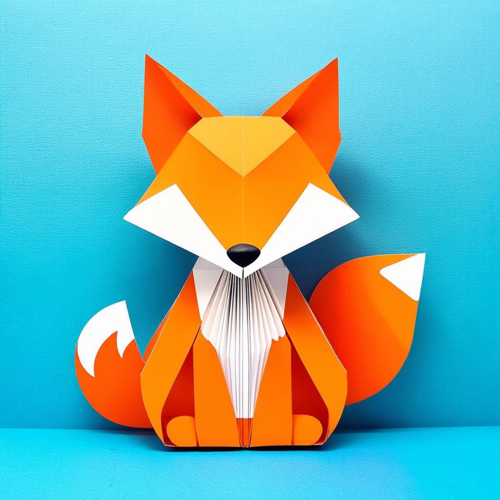  a charming three dimensional paper craft model of geometric paper fox . this fox orange tail, both featuring an accordion like, pleated structure. its body is rounded and adorned with polka dots, standing against a background that fades from blue to light orange. the overall design is playful and creative, making it a delightful craft project! {prompt}, maximum details