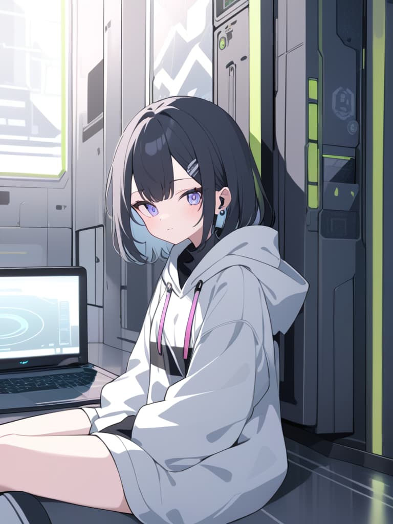  a modern,urban scene featuring a cool,laid back girl with long black hair,wearing a stylish beanie and an oversized hoodie. she's sitting on the ground in a dimly lit alley,surrounded by music equipment like an electric guitar in its case and a laptop with audio software open. the atmosphere is cyberpunk inspired,with blue and purple neon lights casting reflections on the metallic surfaces. the girl has a relaxed,slightly tired expression,her head tilted as she gazes forward. the background features a closed metal gate and various electronic devices scattered around,enhancing the techy,futuristic vibe.