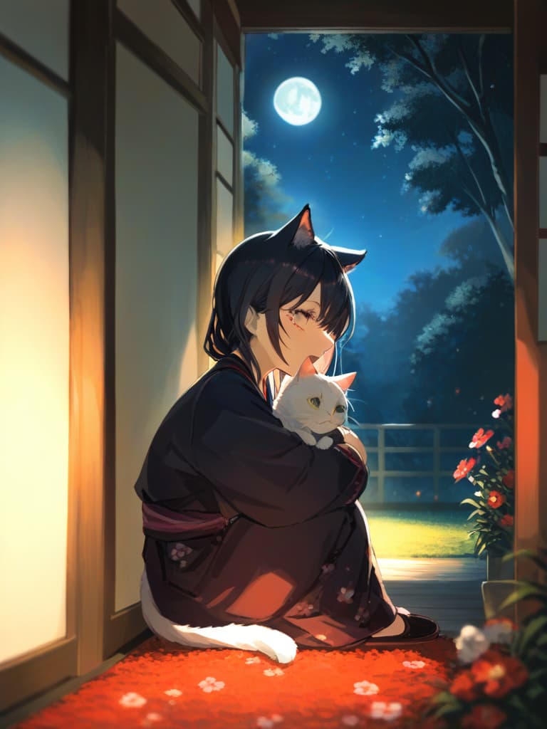  1cat ,japanese cat,nature,animal focus,looking outside from the japanese style room,cosmos field ,cat sitting on the porch ,cosmos field,full moon night,