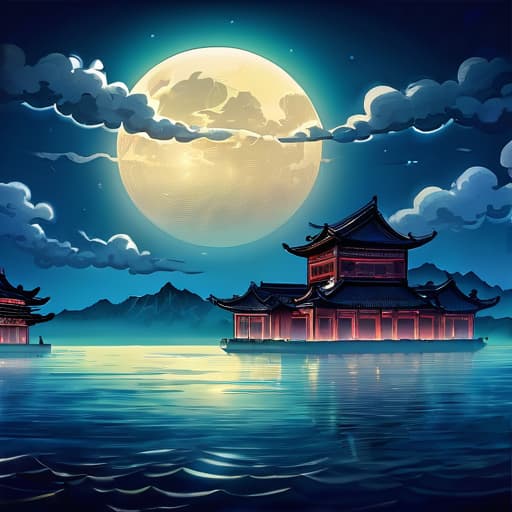  the bright moonlight shines through the clouds, the bottom left part of the picture is an ancient chinese architecture, below the moon is (sea, detailed sea ripples, night scene, light particle effect, excellent work, extremely elaborate picture description,8k wallpaper, ink painting style, obvious light and shadow effects, ray tracing, obvious layers, depth of field, best quality, <lora:wdr scenery1.0:0.8>