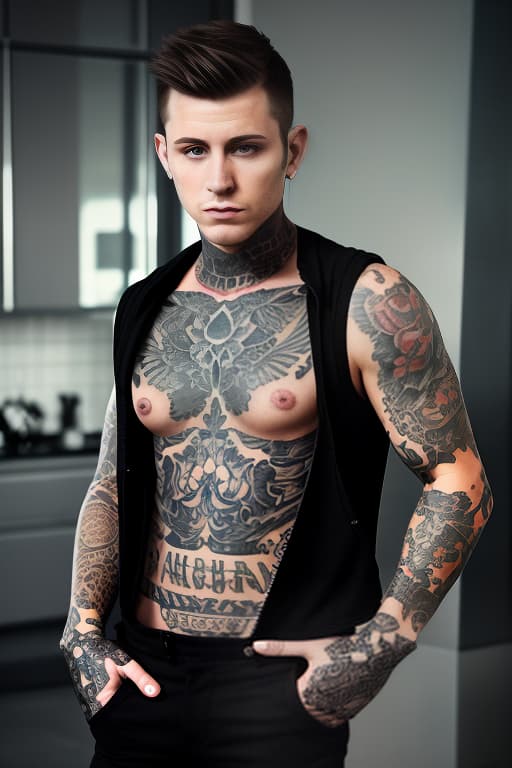  brunette guy with short hair, black vest, tattoos on his arms. half gloves, black pants, boots on feet, realistic appearance. undercover agent