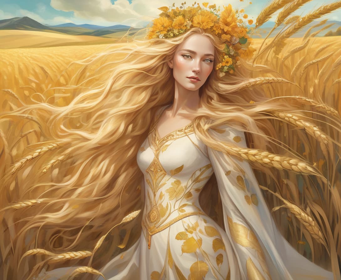  concept art create a surreal mixed media portrait of sif, the norse goddess of earth and harvest, blending dalí's dreamlike worlds and klimt's organic forms. show sif with golden hair merging with wheat fields, vines, and blooming flowers. her gown should mix leaves, petals, and grains. surround her with a surreal landscape where earth create a surrealist mixed media portrait of sif, the norse goddess of earth and harvest, inspired by the dreamlike worlds of salvador dalí and the organic forms of gustav klimt. depict sif with flowing golden hair that merges with fields of wheat, her locks interwoven with vines and flowers that seem to grow and bloom in real time. her gown should be a collage of natural textures—leaves, petals, and grain