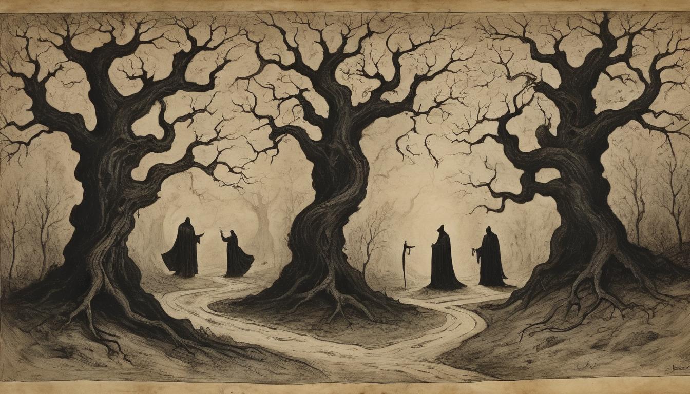  on parchment, surrealism++, dark, oppressive scene, shadowy figures with haunting faces, fear in their eyes, gnarled trees forming twisted pathways, foreboding atmosphere, tension palpable, hues of deep crimsons and blacks, eerie silence(mysterious, provocative, symbolic)++