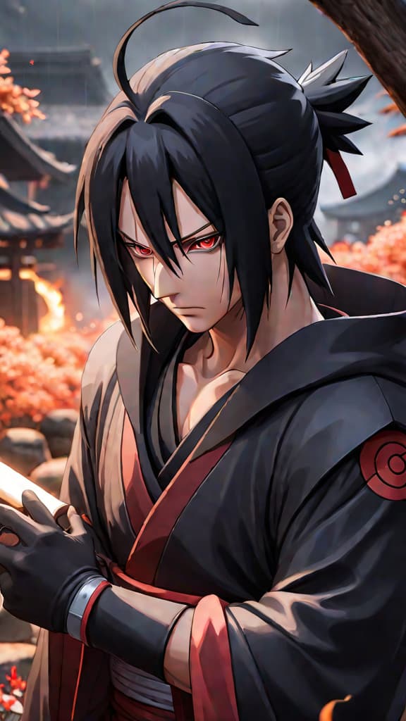  anime art: itachi uchiha's sacrifice and love for sasuke, depicting the tragedy and brotherly protection in naruto. hyperrealistic, full body, detailed clothing, highly detailed, cinematic lighting, stunningly beautiful, intricate, sharp focus, f/1. 8, 85mm, (centered image composition), (professionally color graded), ((bright soft diffused light)), volumetric fog, trending on instagram, trending on tumblr, HDR 4K, 8K