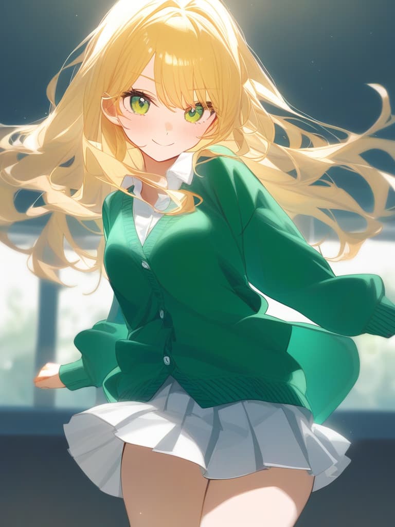  cute face focus,cute,blond hair,green eyes,cute posing,cardigan,pleats skirt ,long hair,young