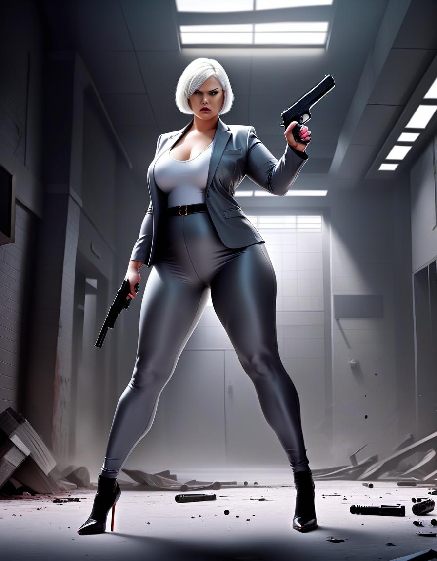  concept art in full growth, tall beautiful girl, modern outfit, she professional killer, she have heavy and fat body, she weighs 75 kg, with pistol, thin hands, big calf muscles, white short hair, a grey tight one piece suit, in very high heels, tight leggins, tight fitting clothes on the stomach, in a fighting position, dark sity background, concept art, illustrative, in color, digital artwork, highly detailed. . digital artwork, illustrative, painterly, matte painting, highly detailed